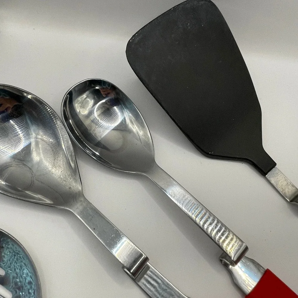 4 Pc Kitchen Utensil Set Red Retro Pot Rest Stainless Steel 4pc